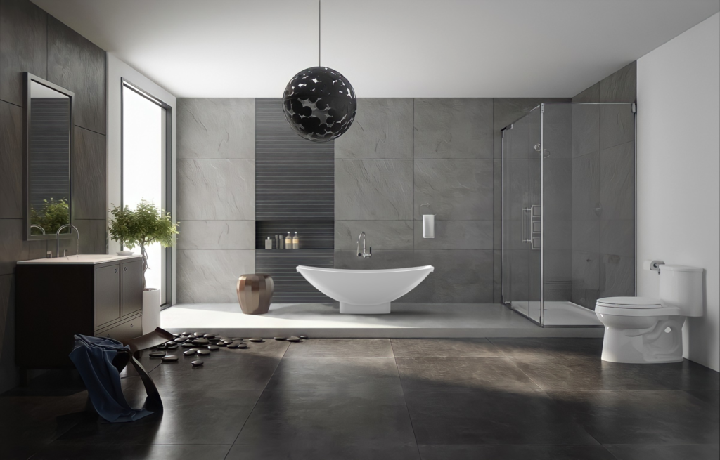 Mirage HBM2.0A and HBM1.8A Mark II Alabaster in grey bathroom