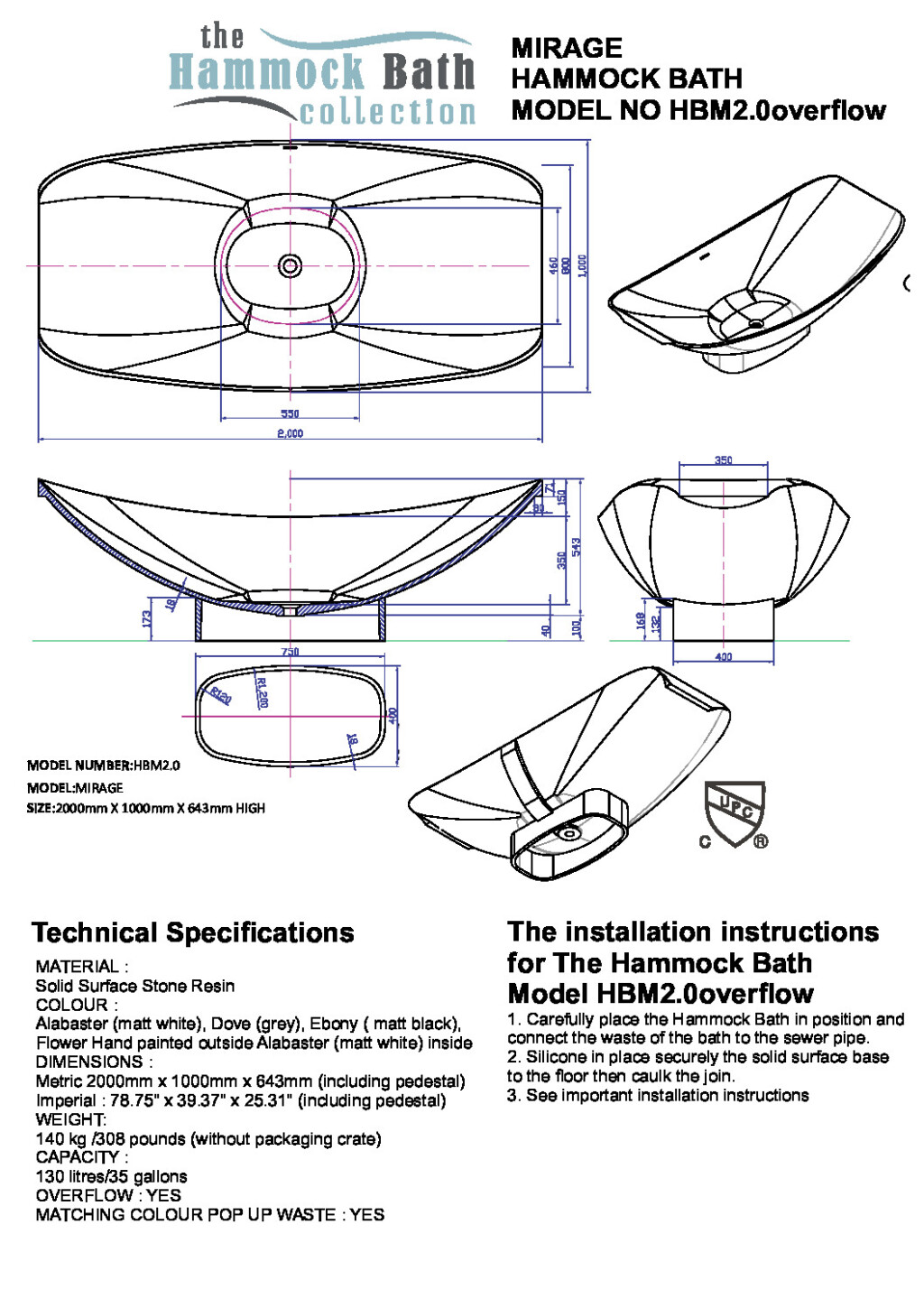 Mirage Hammock Bath HBM2.0overflow spec sheet pdf