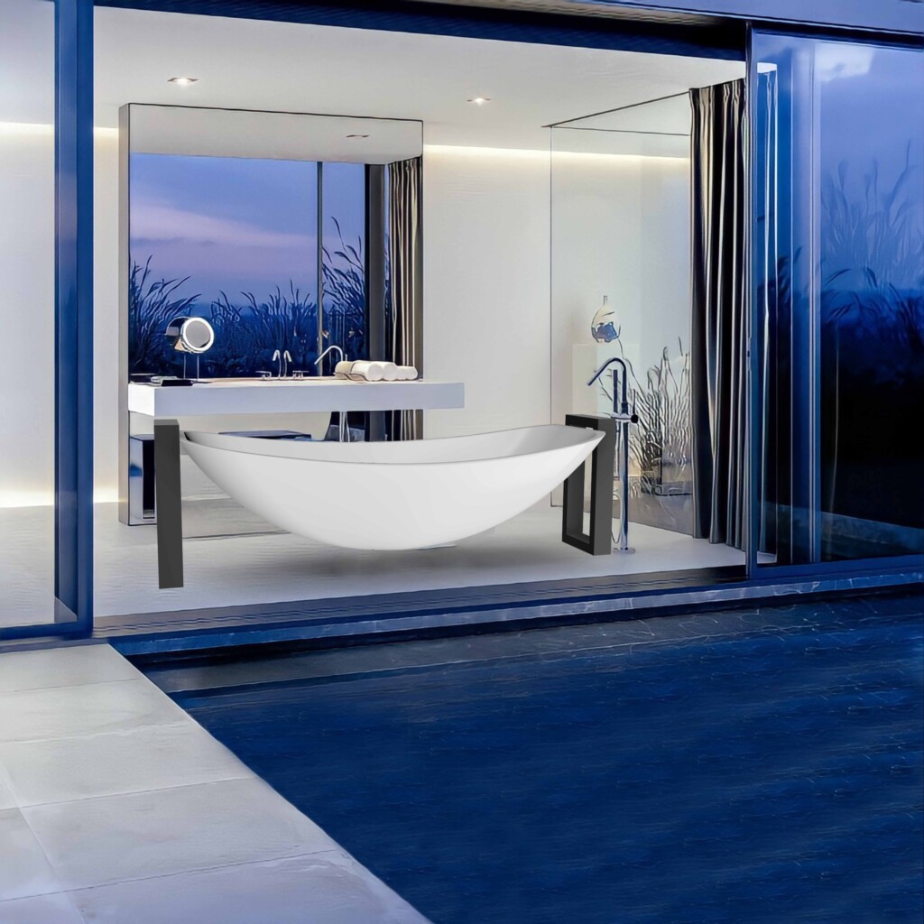 A bathroom with an acrylic hammock bathtub and a pool